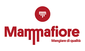 Logotipo de Mammafiore con el texto 'Mangiando de calidad' y un símbolo circular rojo con líneas blancas en el centro.