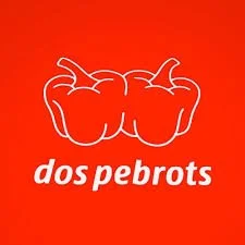 Logo con dos pimientos rojos y texto 'dos pebros' en fondo rojo
