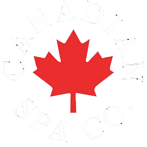 Logo von Canadian Spa Company mit einem roten kanadische Ahornblatt auf weißem Hintergrund.