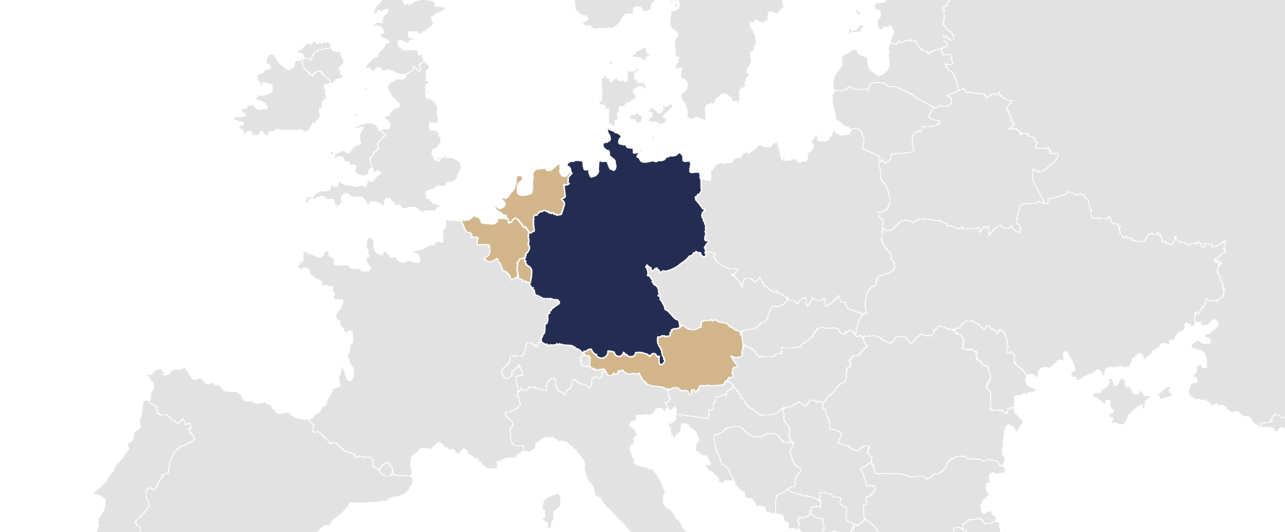 Karte Europas mit Deutschland, Österreich, Belgien und den Niederlanden hervorgehoben in unterschiedlichen Farben. Es stellt das Service-Gebiet von ACQUA SPA dar.
