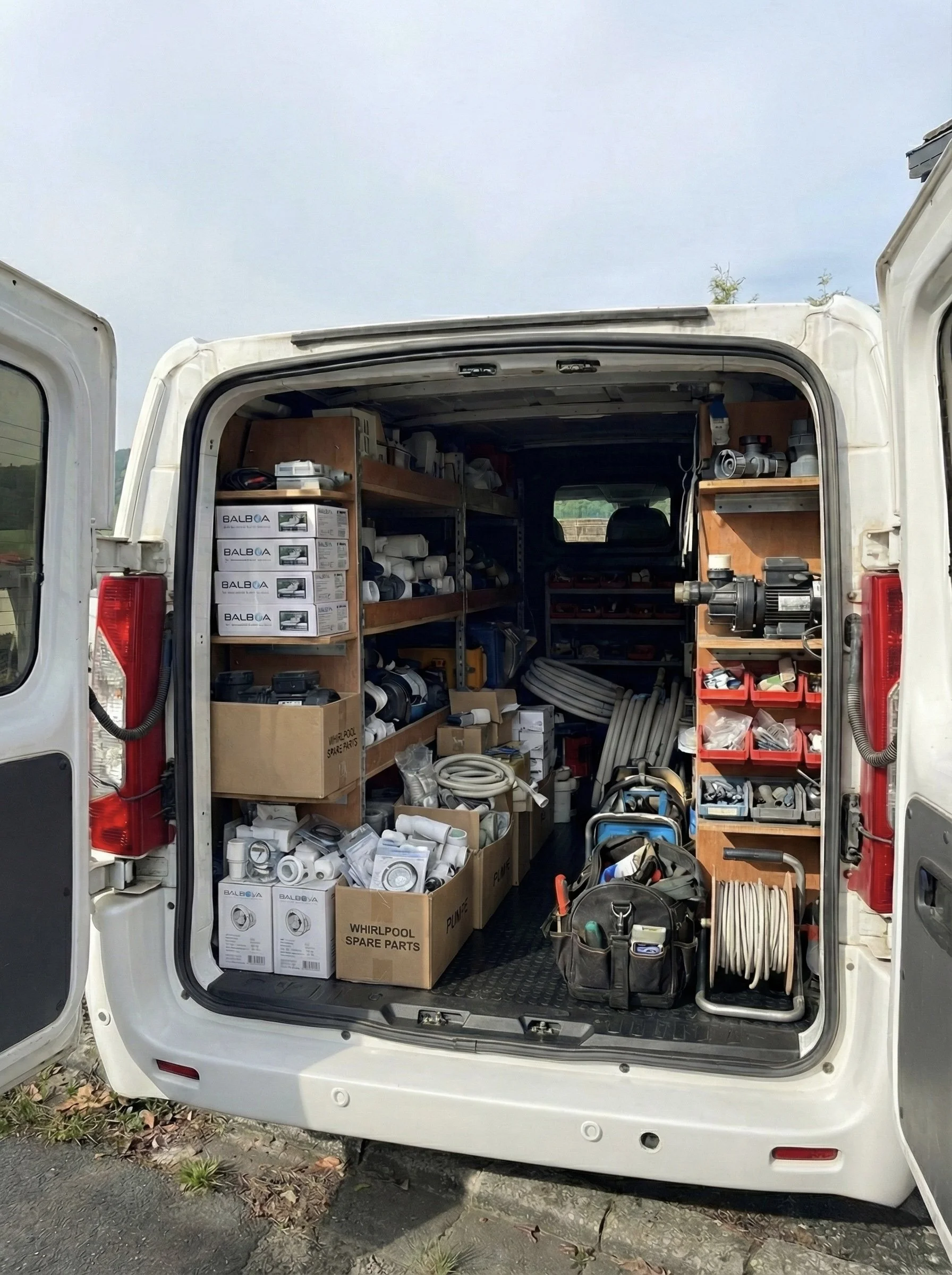 Der Kofferraum eines Whirlpool-Service-Wagens ist mit verschiedenen Gegenständen und Whirlpool-Ersatzteilen gefüllt, darunter Rohre, Pumpen, Platinen und vieles mehr.