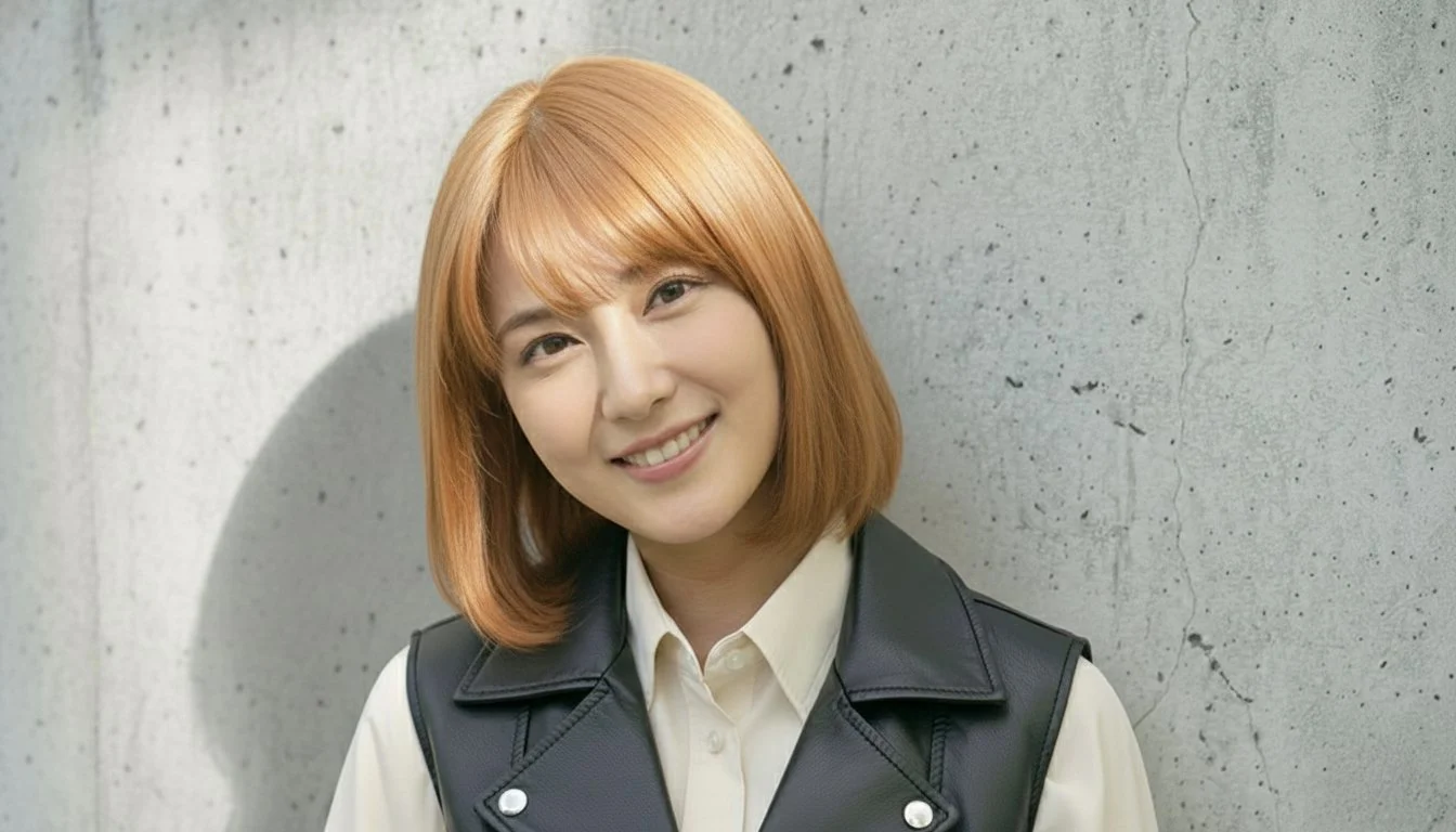 笑顔の女性のアップ画像、ショートボブヘア、グレーのセーターを着ている