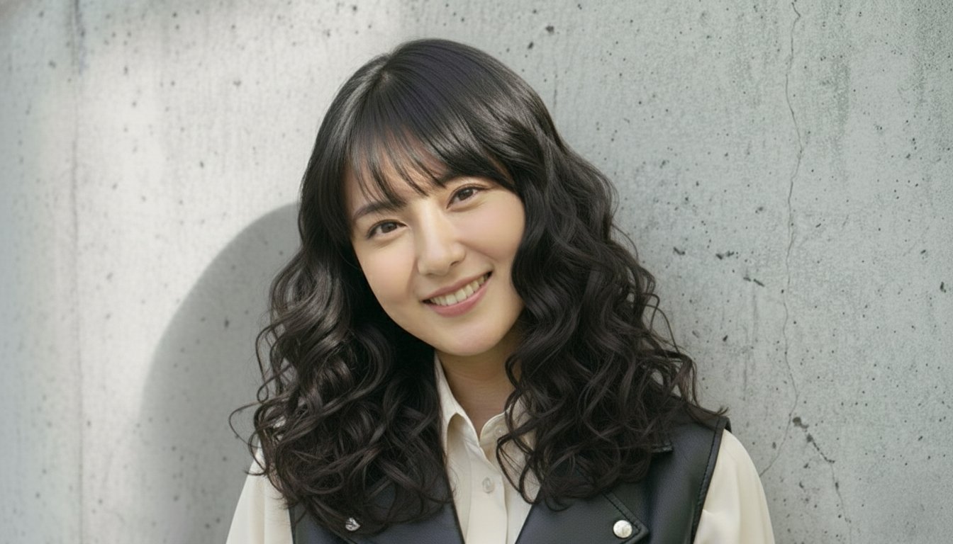 黒の長袖トップスを着た笑顔の若い女性。