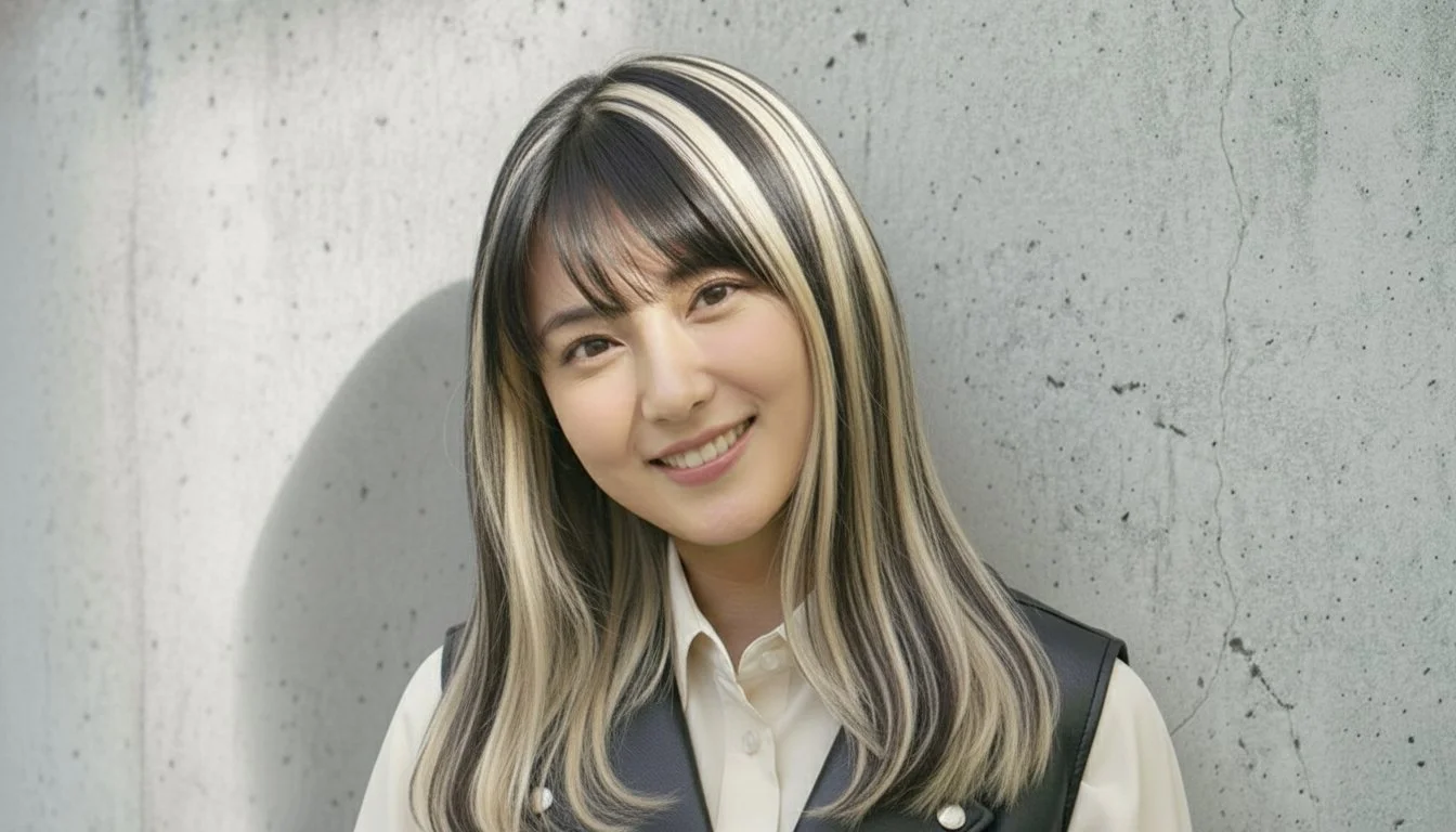 笑顔の女性、長い金髪、黒いトップス、白い背景