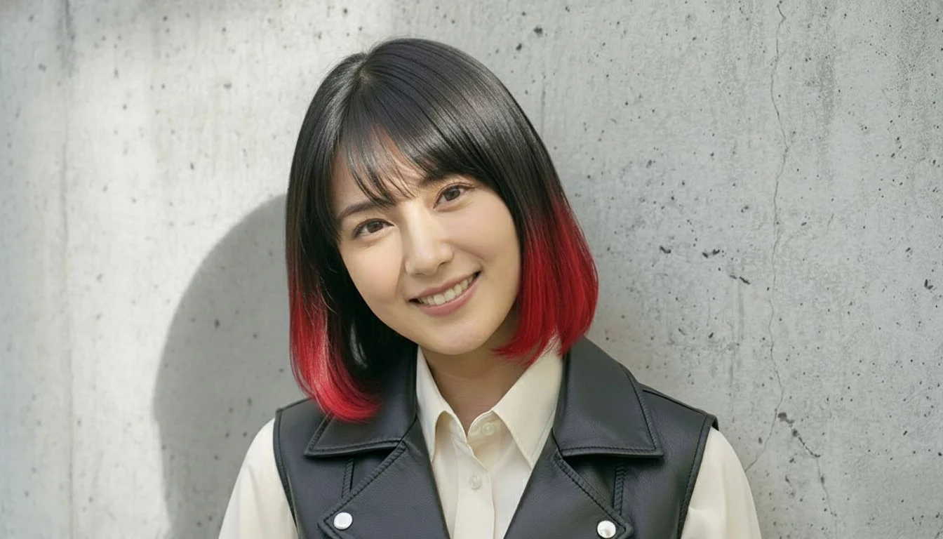 笑顔の若い女性、ブルーのTシャツを着て、黒から紫色に染めた髪型をしている。