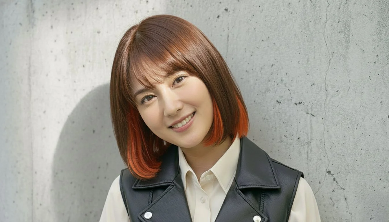 笑顔の若い女性、肩までの金髪でオレンジ色のグラデーション髪、白いシャツと黒のニットベストを着ている、背景はシンプルな白とグレー