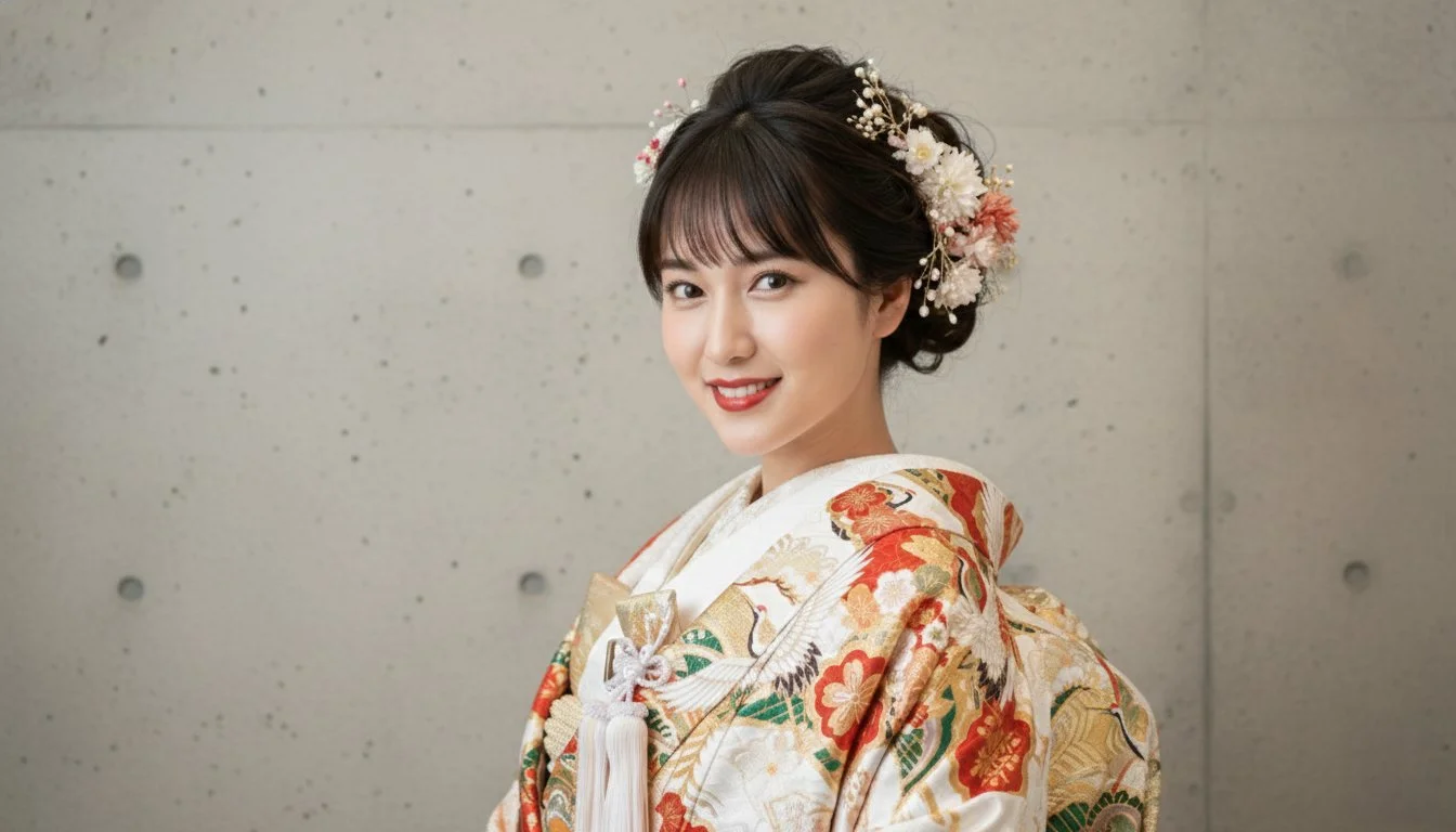 和装を着た笑顔の若い女性、髪に花の髪飾り、屋内の窓の前でポーズ