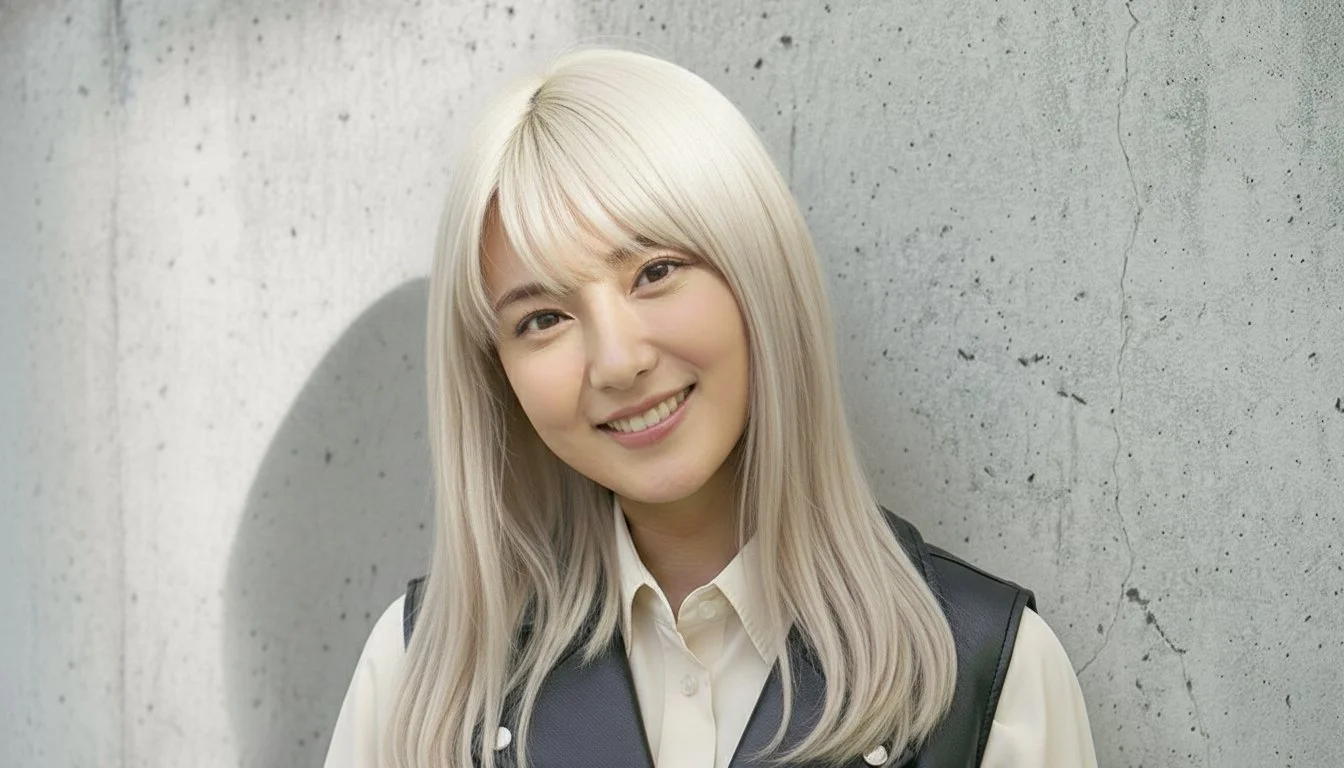 笑顔の若い女性が長い金髪を持ち上げている写真