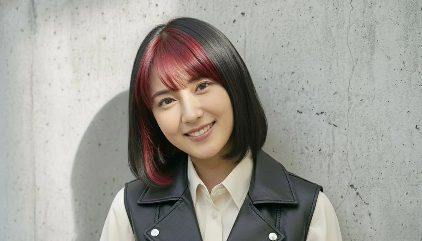 笑顔の若い女性、茶髪に赤いハイライト、白いジャケットと黒いトップス、自然光の下で屋外