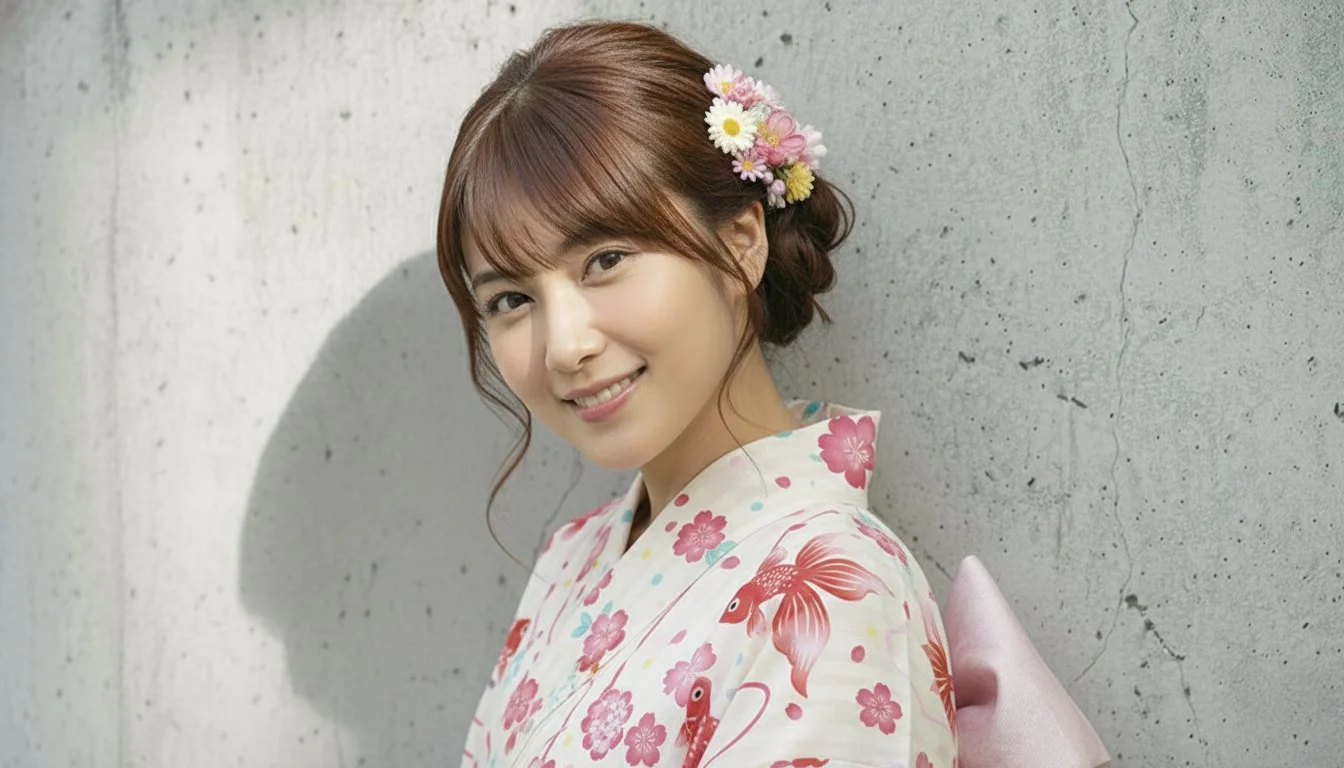 青色の着物を着た女性の肖像写真