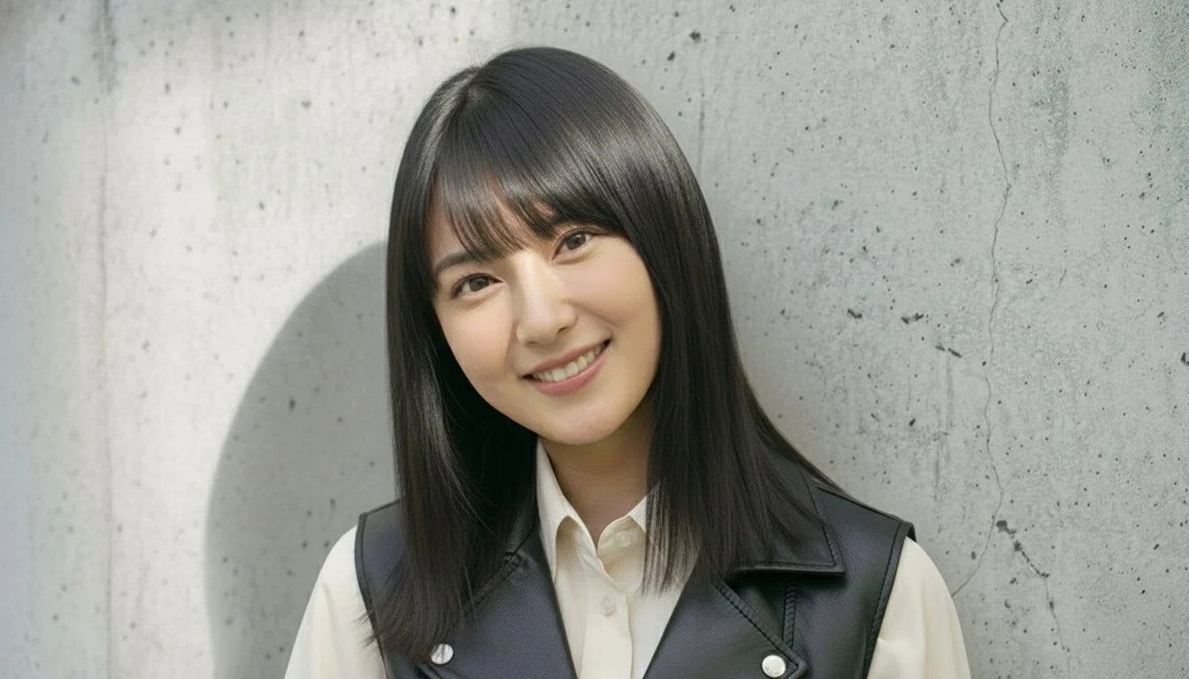 白いシャツを着た笑顔の若い女性が、髪の毛を手で触っている