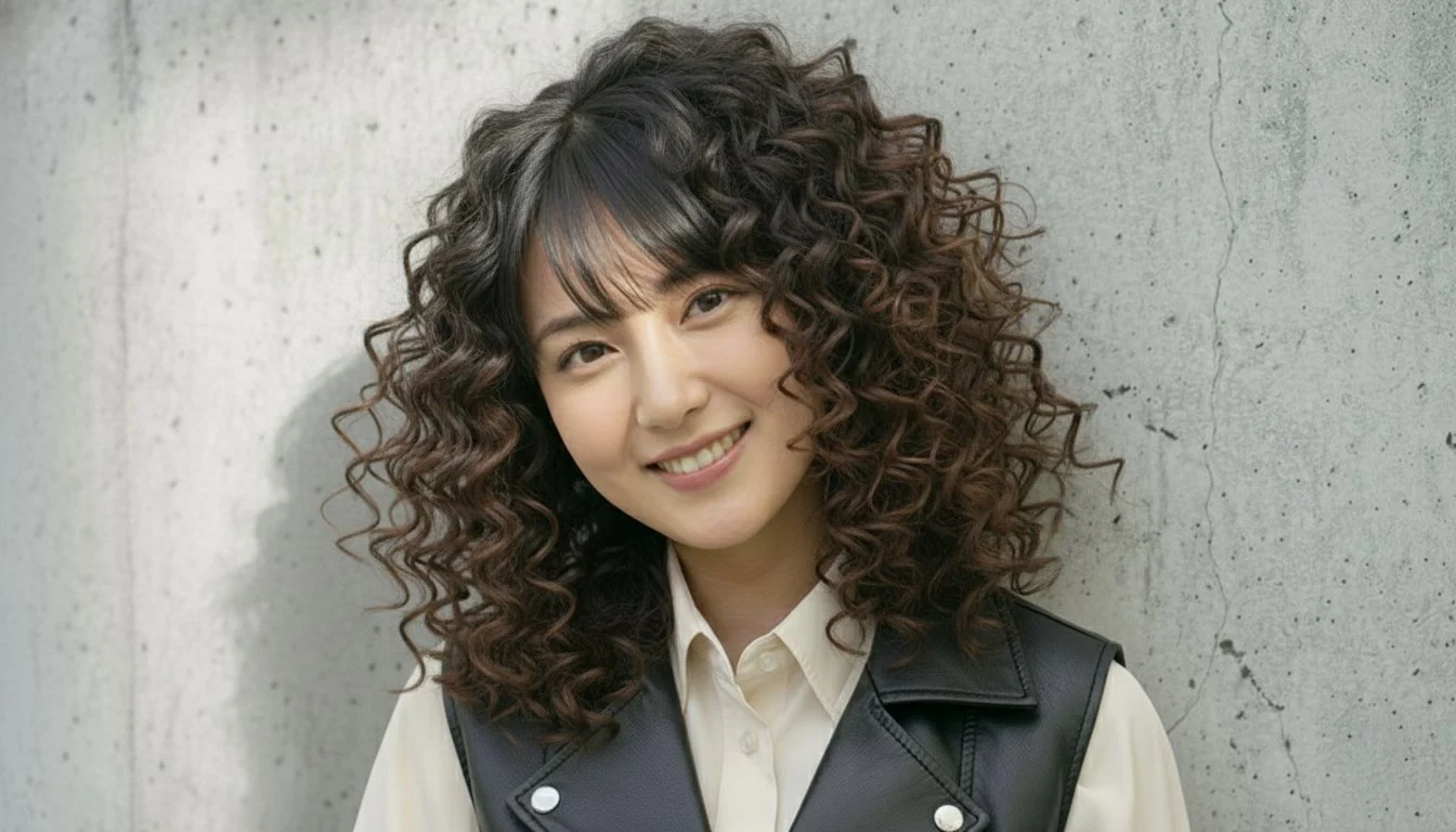 笑顔の女性が髪の毛を撫でている