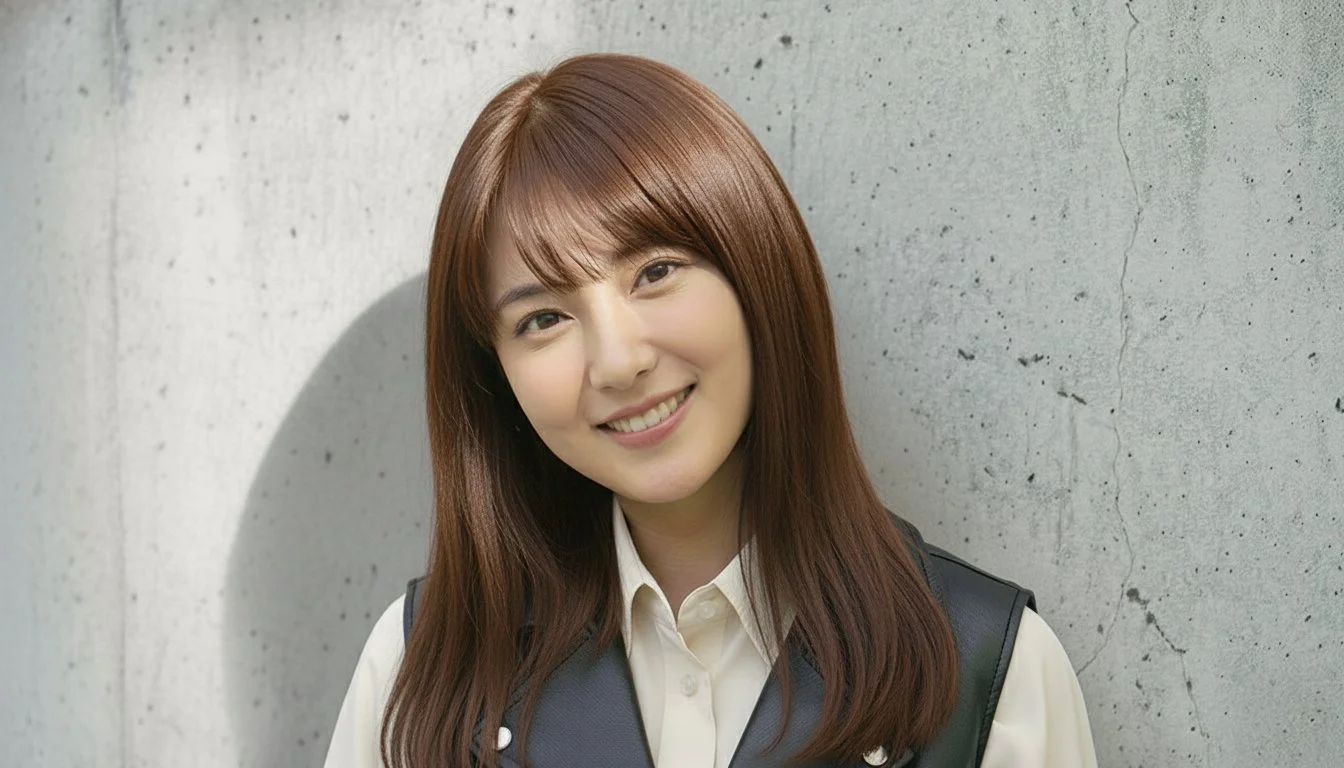 笑顔の若い女性が壁の前に立っている肖像写真