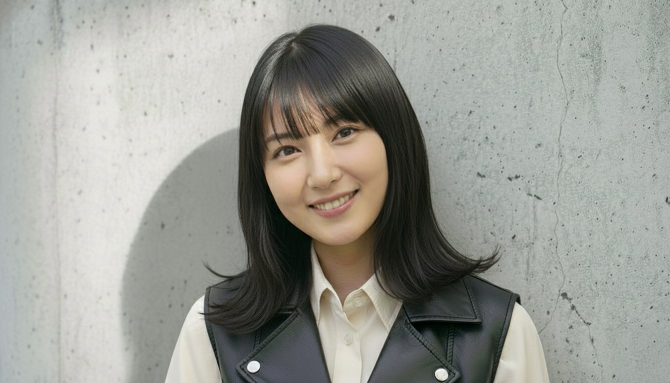 笑顔の若い女性、ブラウンのウェーブヘアとブラックのトップス、壁に寄りかかっている