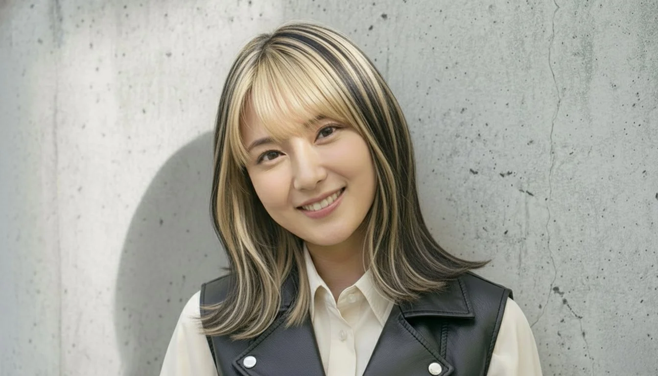 笑顔の若い女性と黒いトップス。室内背景。