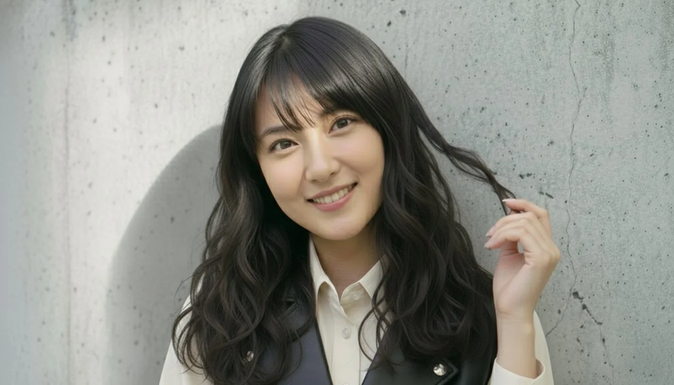 ピンクのトップスを着た笑顔の若い女性が自然光の中で髪を触っている