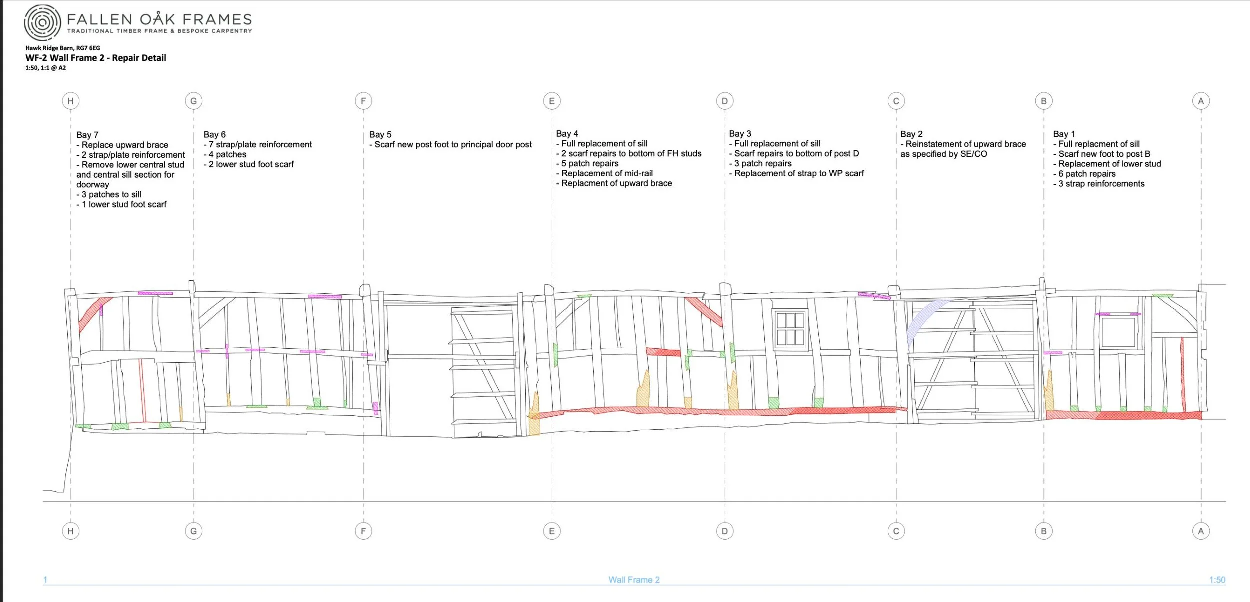 Line drawing of a detailed wall frame structure with repair instructions for different bays, including replacements of bracing, patches, and other components, along with labels and notes.