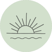 Minimalist illustration of a sunrise over water with rays extending from the sun.
