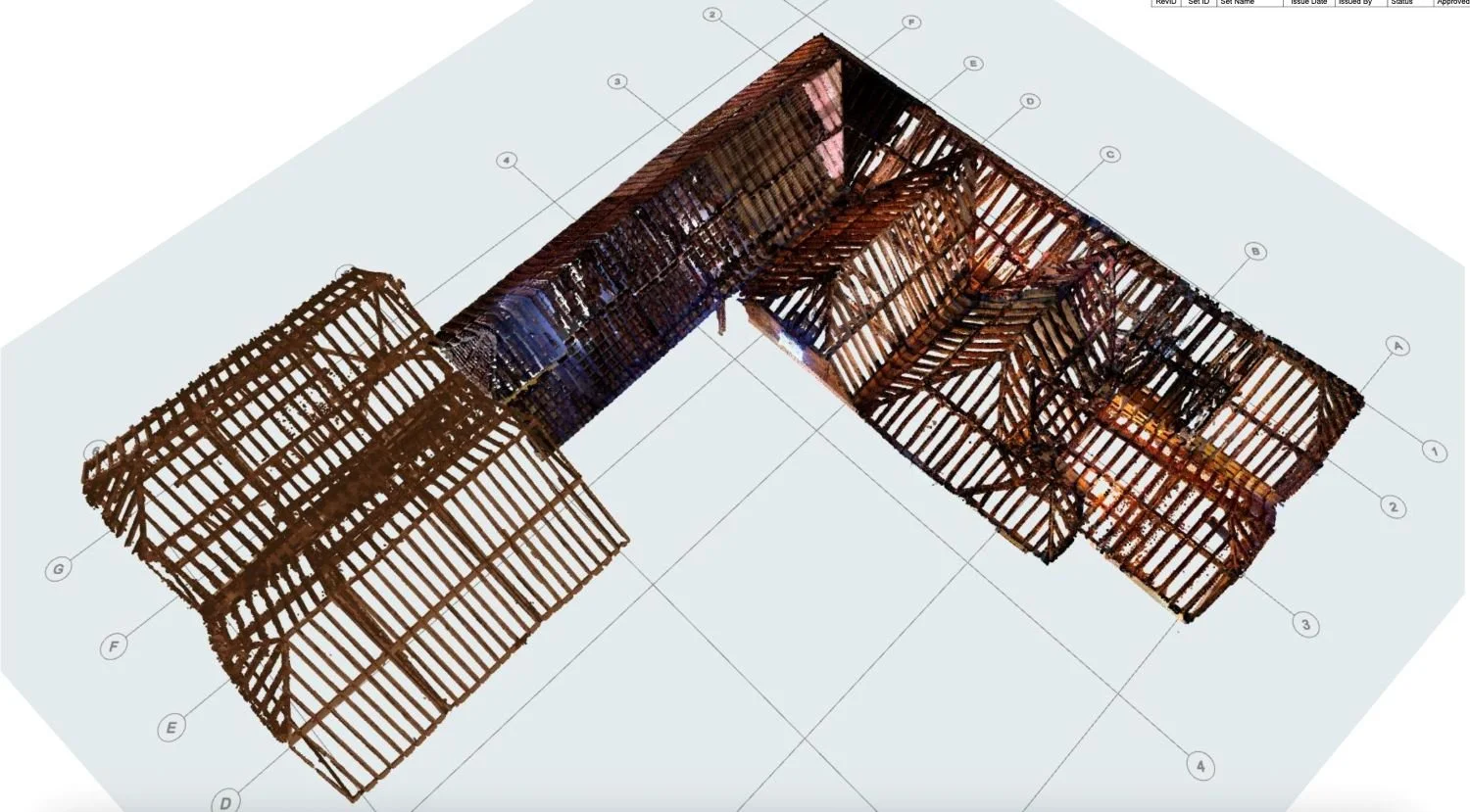 3D digital model of a house's wooden roof framework with labeled sections, viewed from above.