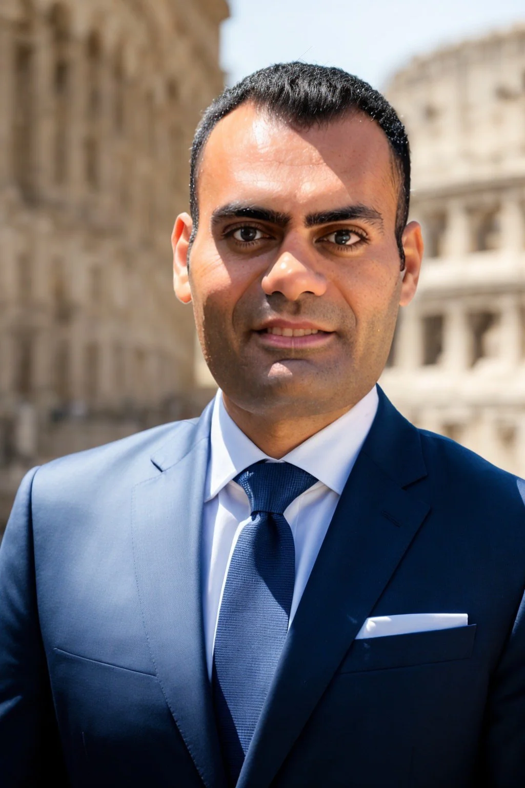 A man in a navy blue suit, white shirt, and matching tie standing outdoors with historical architecture in the background.
