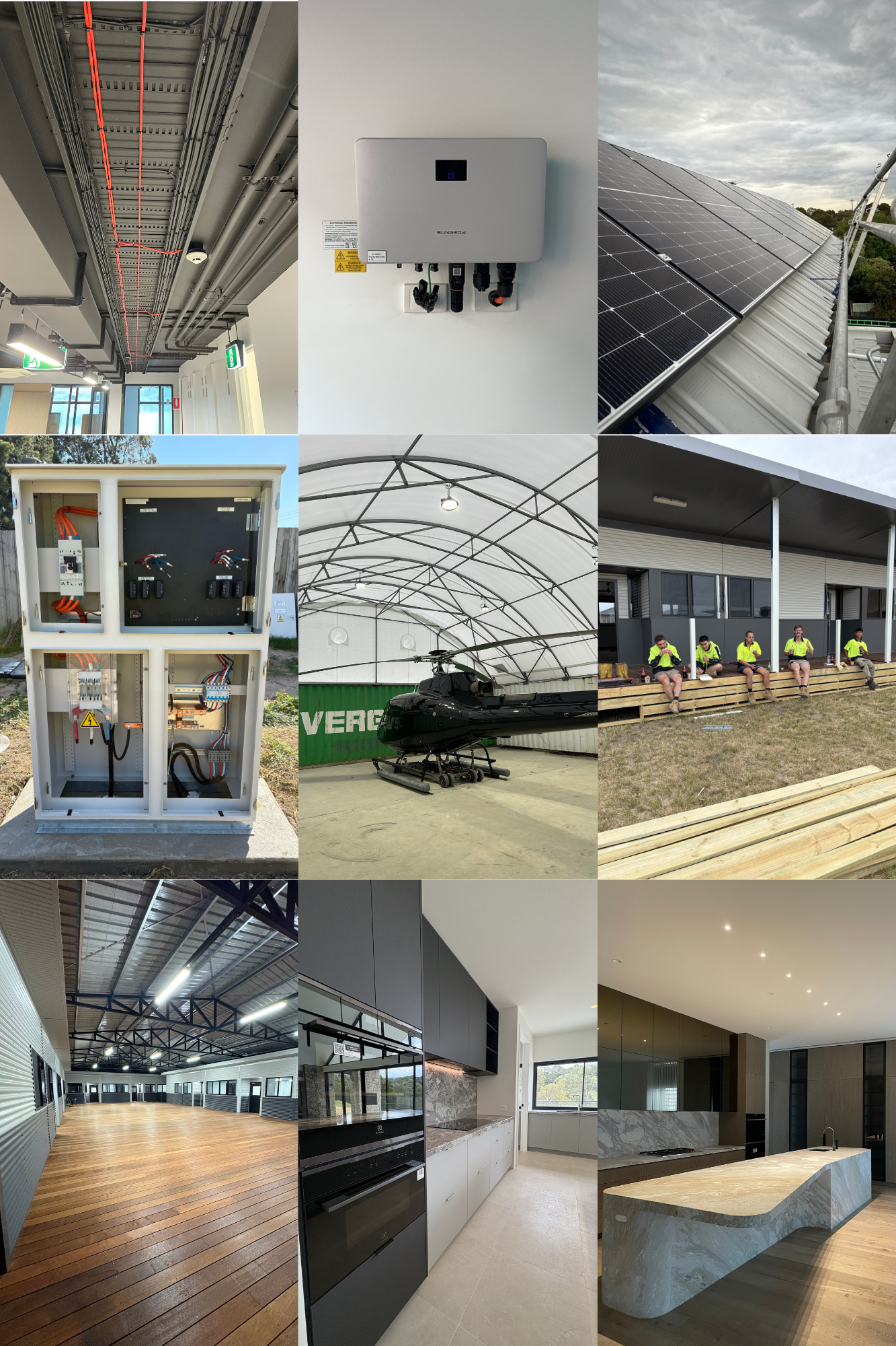 Collage of nine images: industrial ceiling with wiring and emergency signs, solar panels on roof, electrical panels, large industrial helicopter inside hangar, industrial workers sitting outside building, spacious industrial warehouse with wooden floor, modern kitchen with black cabinets, and contemporary kitchen with marble island.