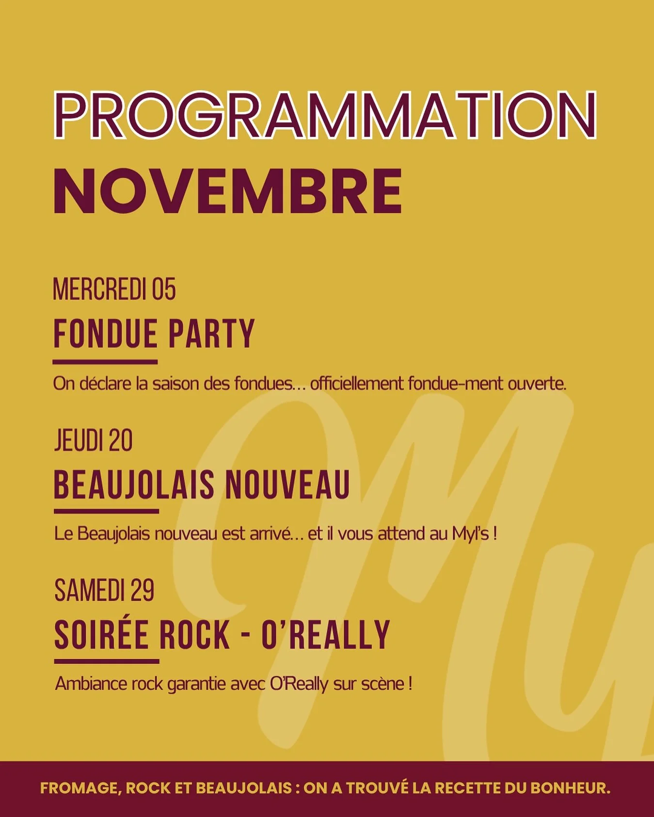 Novembre arrive, et avec lui son lot de belles soir&eacute;es au Myl&rsquo;s 🍷✨

La prog est l&agrave; 👉 &agrave; vos agendas ! 

#lemyls #passinsarandon #programmation #novembre #concertlive #soireerock #beaujolaisnouveau #apero #bonmoment