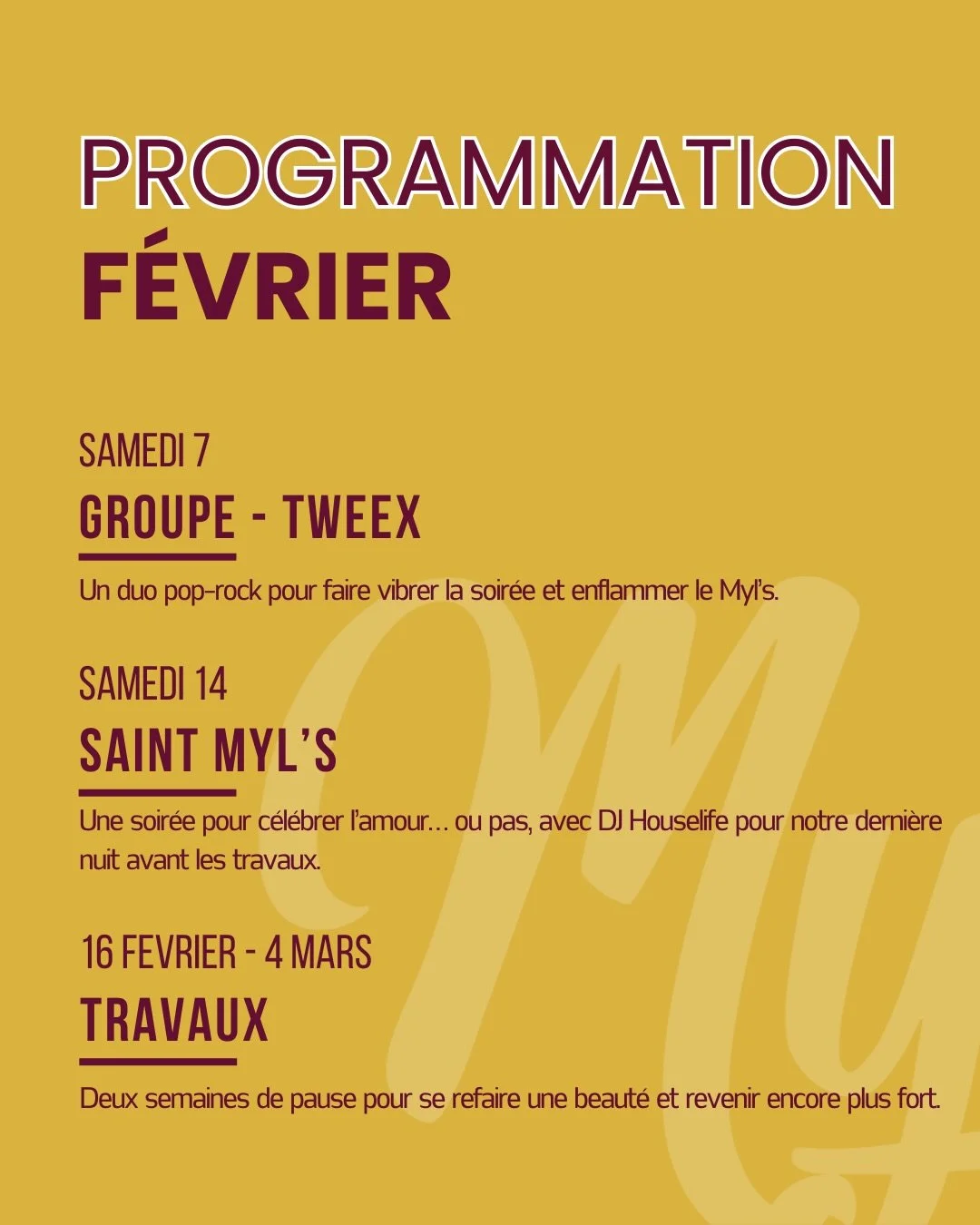 Nouvelle prog ! 👀

F&eacute;vrier et mars au Myl&rsquo;s entre concerts, soir&eacute;es &agrave; th&egrave;me et une petite pause travaux pour revenir encore plus fort ! 🔥🍻

Regarde la prog et bloque tes soir&eacute;es.

#mylsbar #morestel #progra