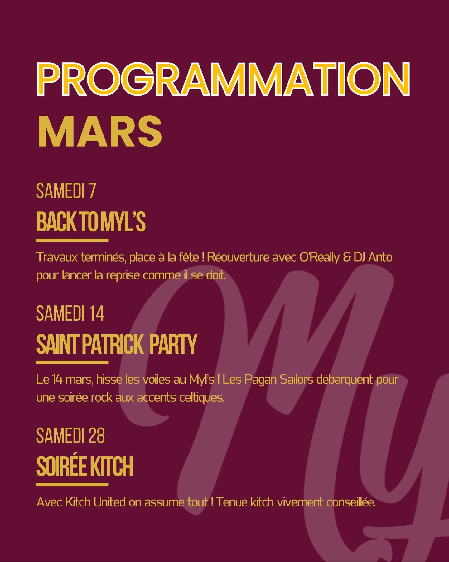 Mars, on revient !!

R&eacute;ouverture officielle le 5 mars.
Le 7 mars, on f&ecirc;te &ccedil;a comme il se doit.
Le 14, on l&egrave;ve les verres pour la Saint-Patrick.
Et le 28, on assume tout : soir&eacute;e kitch.

Nouveau d&eacute;cor, m&ecirc;