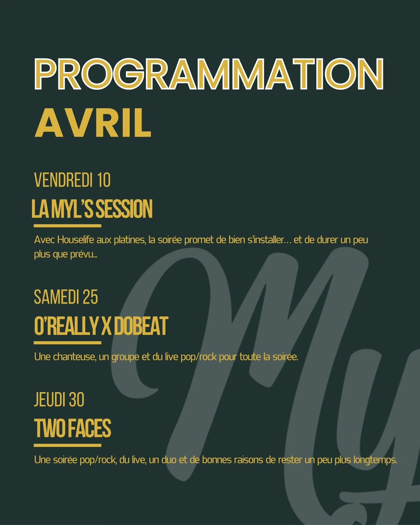Des soir&eacute;es, du live, et toujours une bonne raison de passer. 🫶

Avril au Myl&rsquo;s, &ccedil;a se vit plus que &ccedil;a ne se raconte.

#lemyls #passinsarandon #avril #programmation #bonmoment