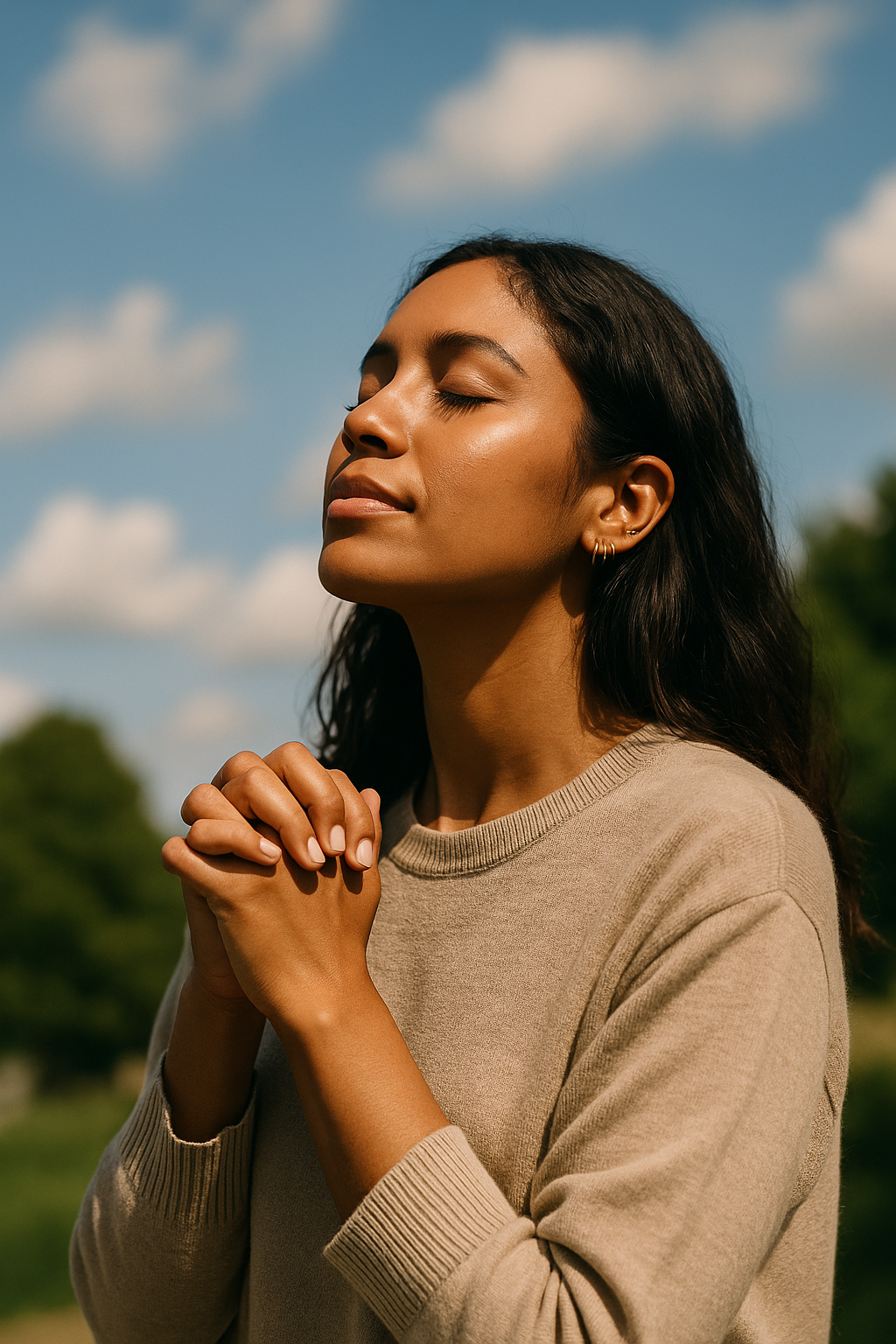 A woman with long dark hair and earrings has her eyes closed and hands clasped together, outdoors on a sunny day with a blue sky and clouds in the background.