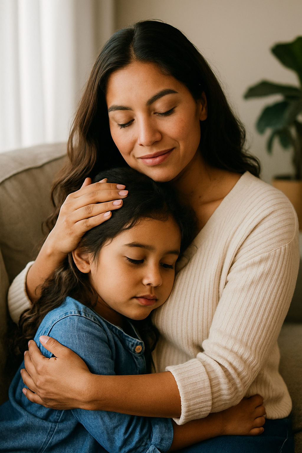 A woman and a young girl hugging each other with their eyes closed, showing affection and comfort.