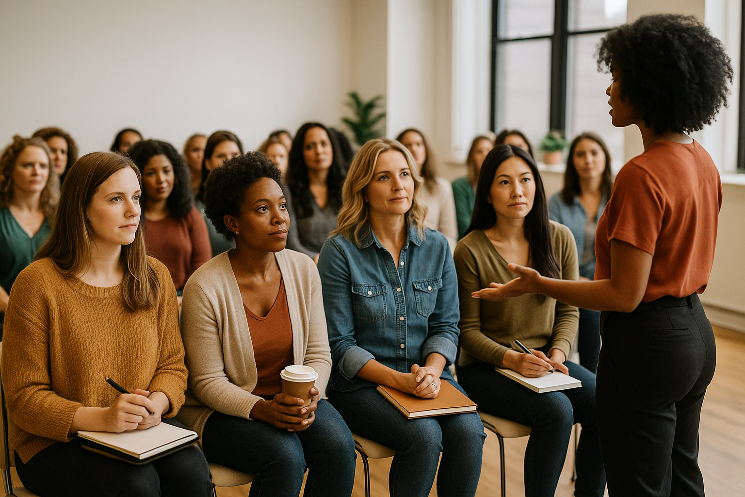A woman giving a presentation to a diverse group of women seated in a classroom or seminar room.