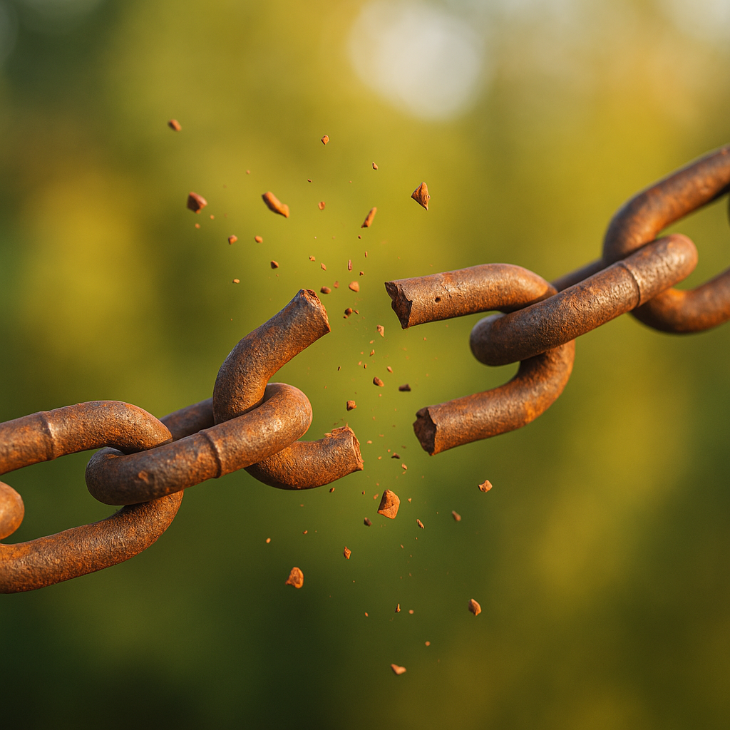 A rusty metal chain breaking apart with pieces flying off, set against a blurred green background.