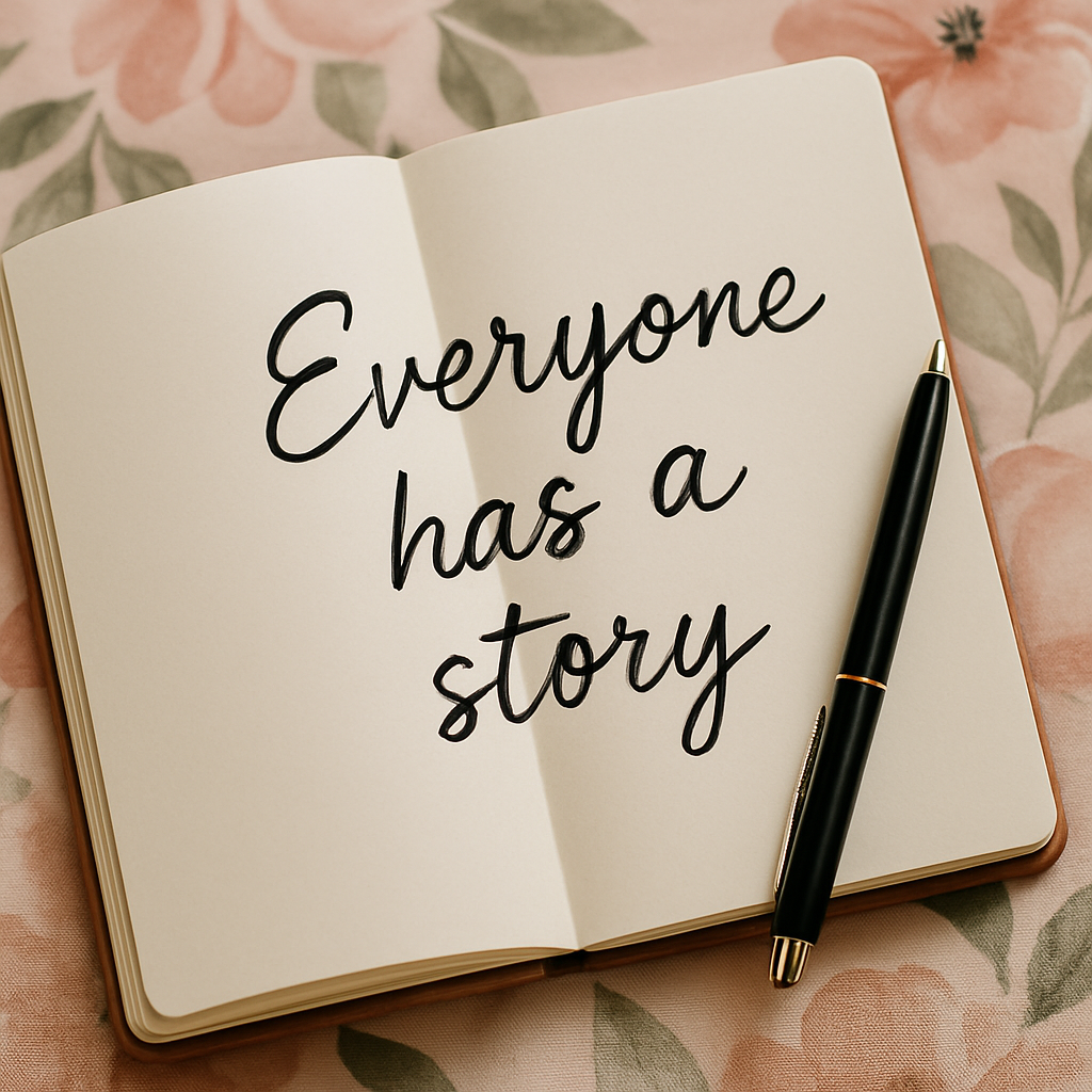 An open notebook with the words 'Everyone has a story' written in black cursive font, placed on a floral tablecloth with a black pen resting on the right page.
