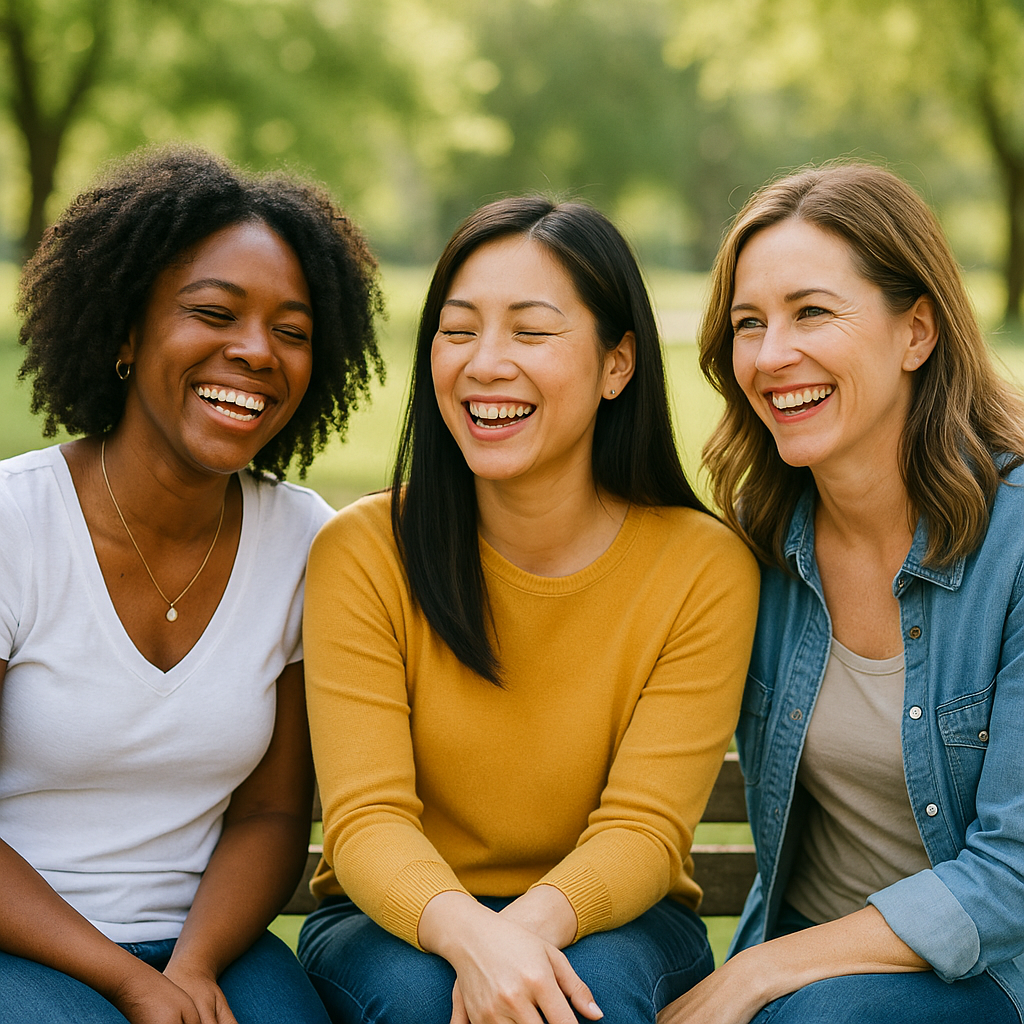 Three women sitting on a park bench, smiling and enjoying each other's company on a sunny day.