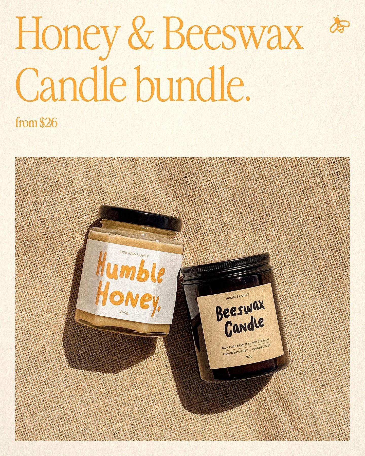 We have bundled our creamed honey and hand-poured beeswax candle together for the perfect natural gift.
Our raw creamed honey comes from our hives in the outskirts of Pukekohe, New Zealand. It&rsquo;s a naturally sweet and rich blend of native bush, 