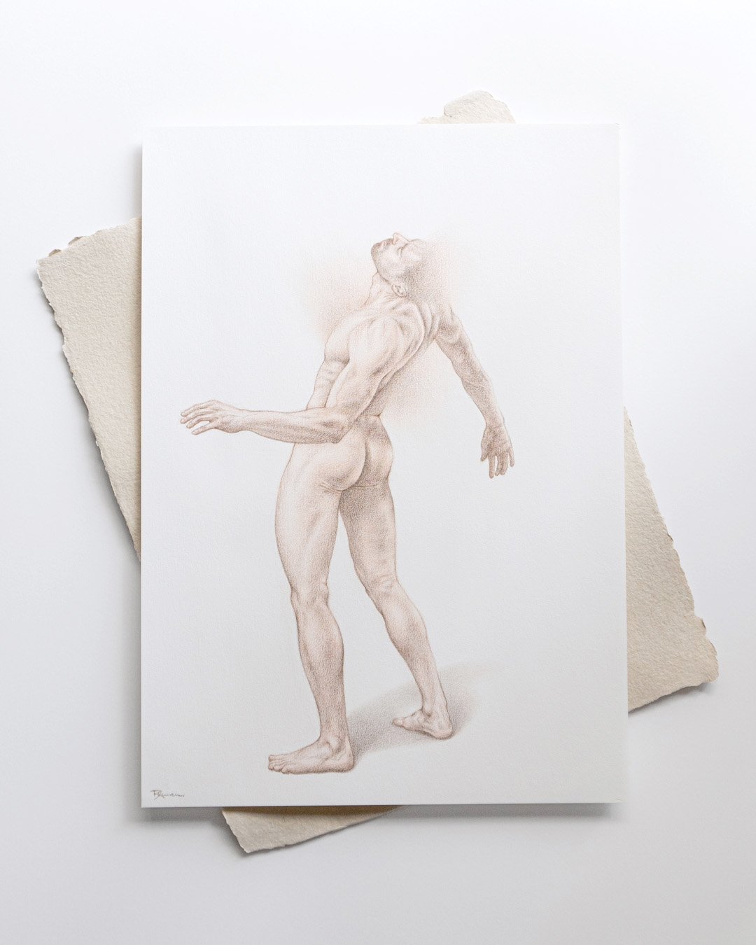 Drawing of a nude male figure with arms outstretched, head tilted back, standing on a white surface with torn pieces of textured paper underneath.