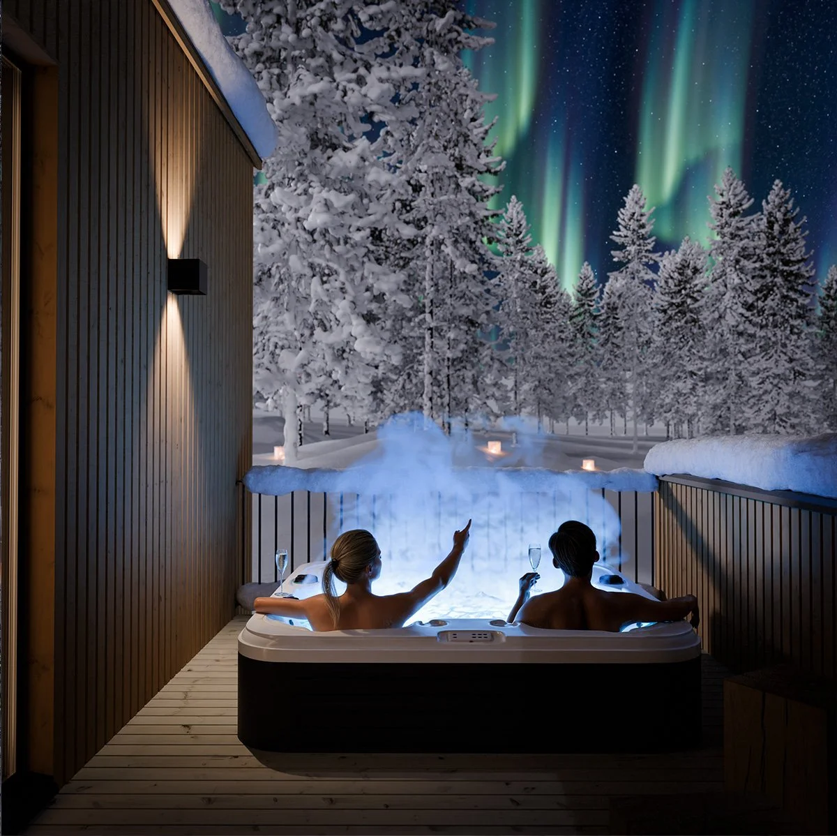 Couple relaxing in a hot tub on a snowy deck at night, with snow-covered trees and the northern lights in the sky.