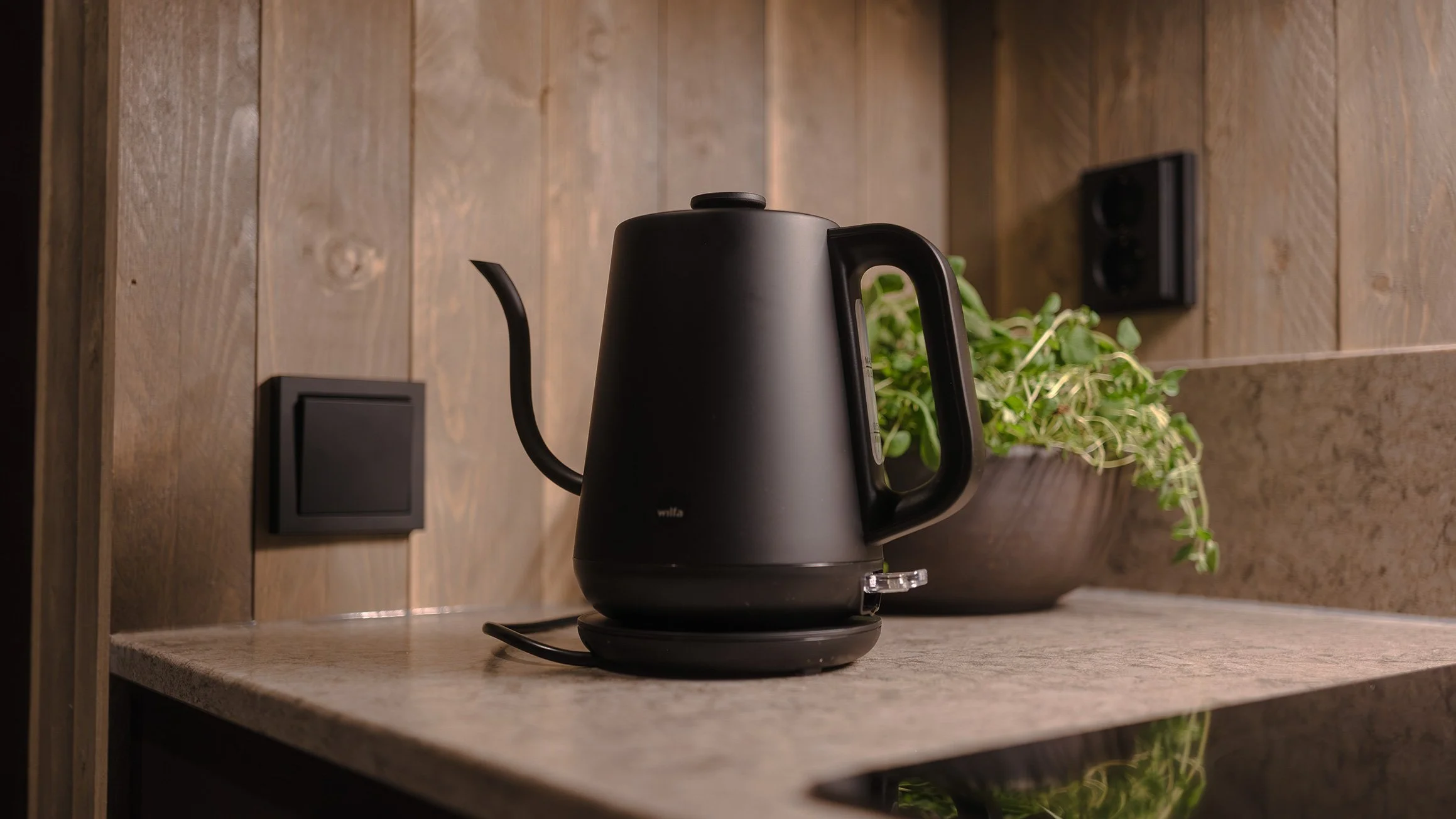 Black electric kettle on a kitchen countertop with a plant in the background and wall outlets visible.