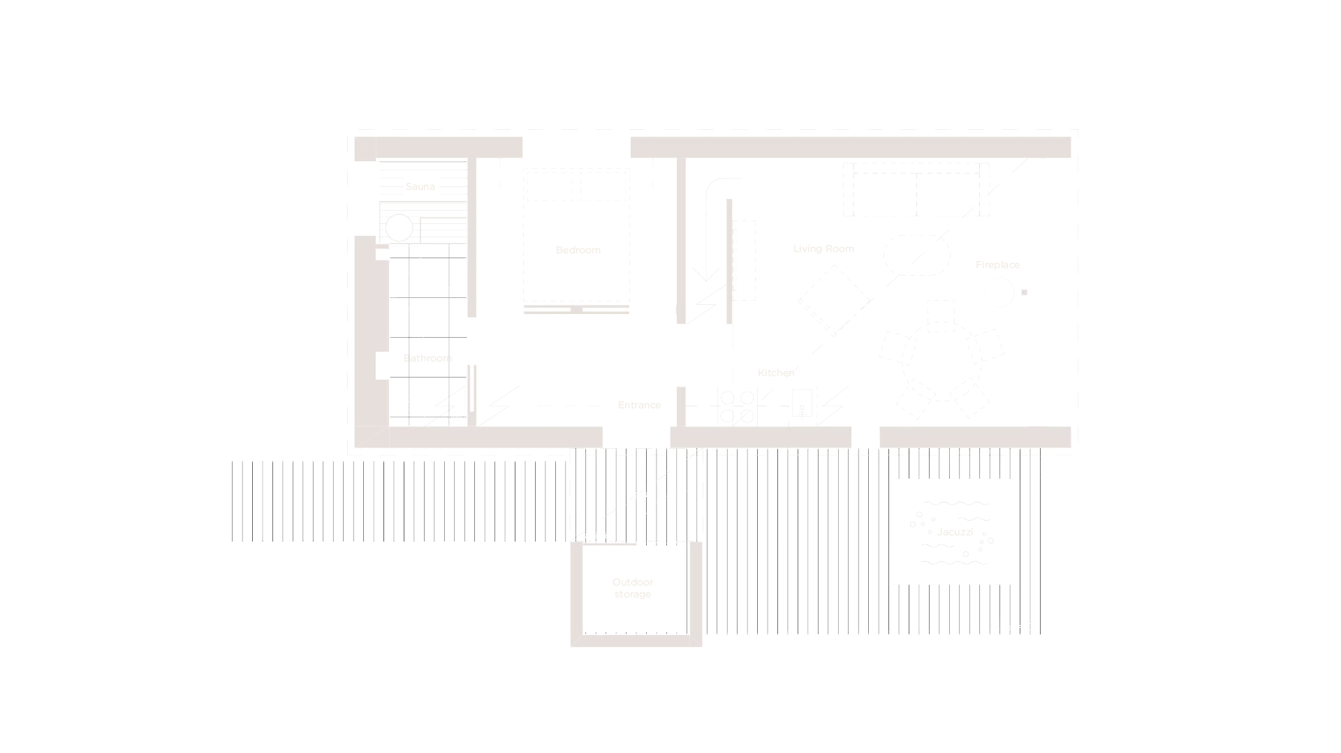 Architectural floor plan of a modern house, showing interior rooms, furniture, and an outdoor deck with a pool.