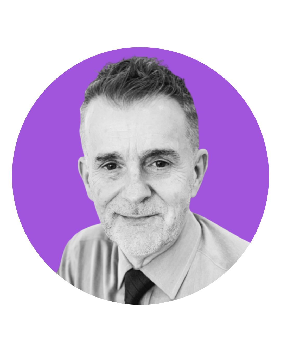 Black and white portrait of a middle-aged man with short, wavy hair and a beard, wearing a dress shirt and tie, against a purple circular background.