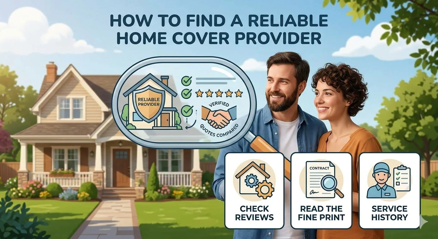 Illustration showing how to find a reliable home cover provider with three steps: check reviews, read the fine print, and service history. The background features a two-story house, and a smiling couple stands in the foreground.