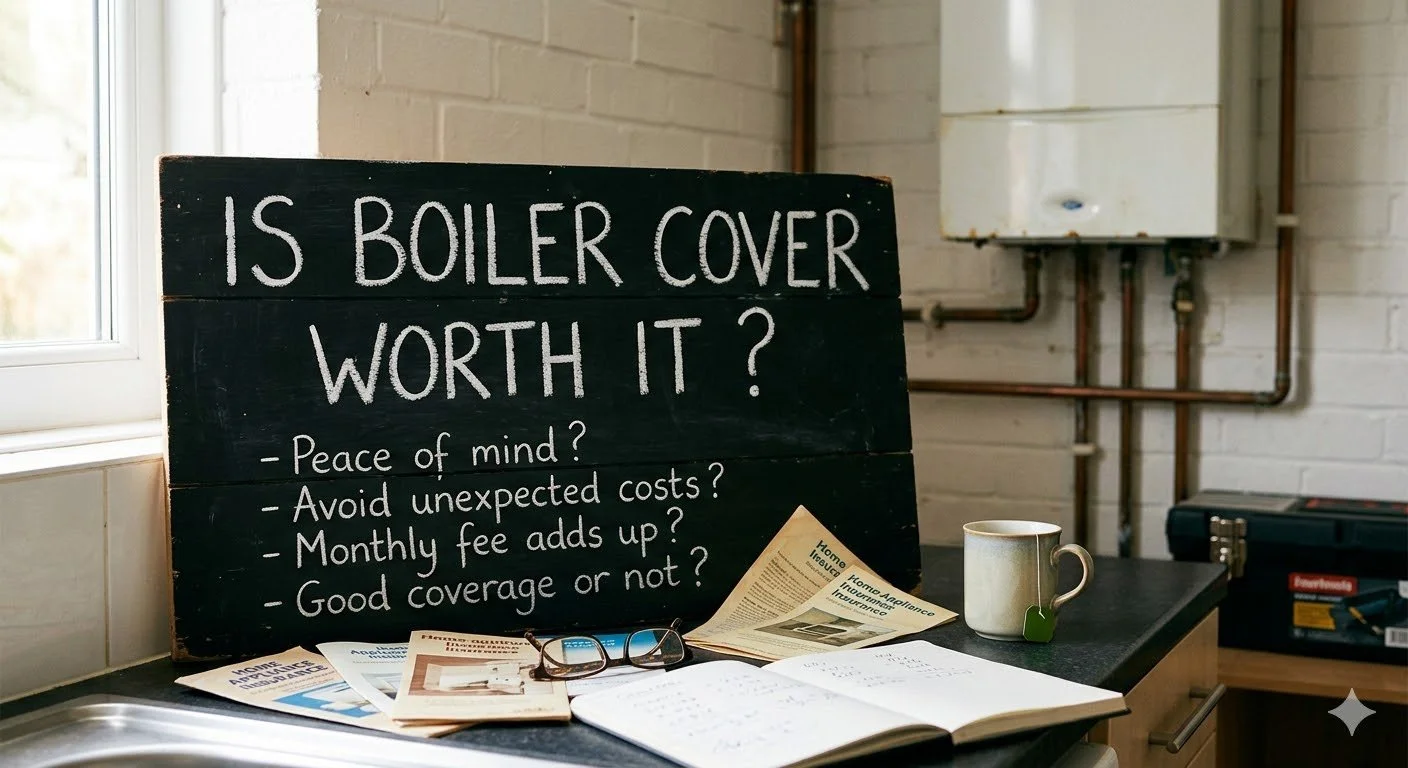 A blackboard with questions about boiler cover, placed on a table next to a cup, glasses, newspapers, and an open book in a room with white brick walls.