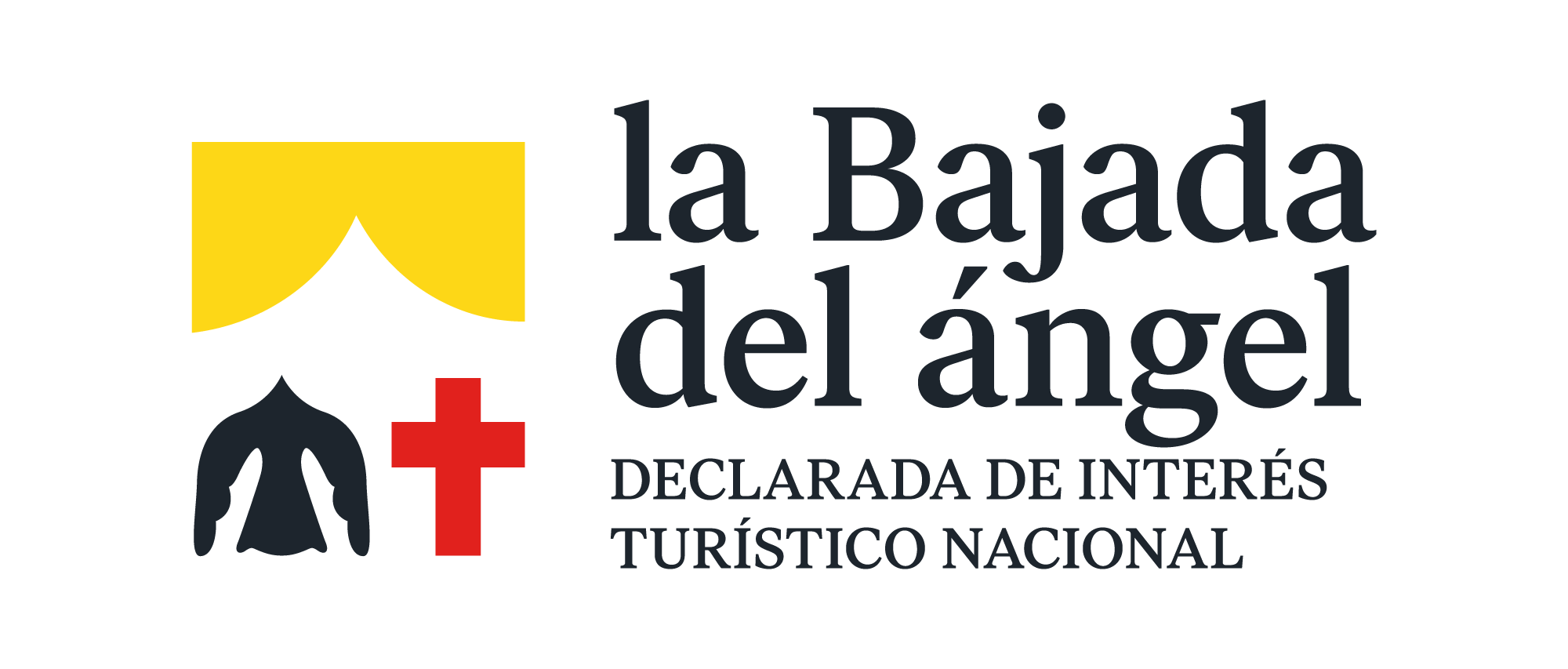 Logotipo con estructura amarilla y negra, símbolo de cruz roja, figura de un ángel y texto en español que dice 'la Bajada del ángel, declarada de interés turístico nacional'.