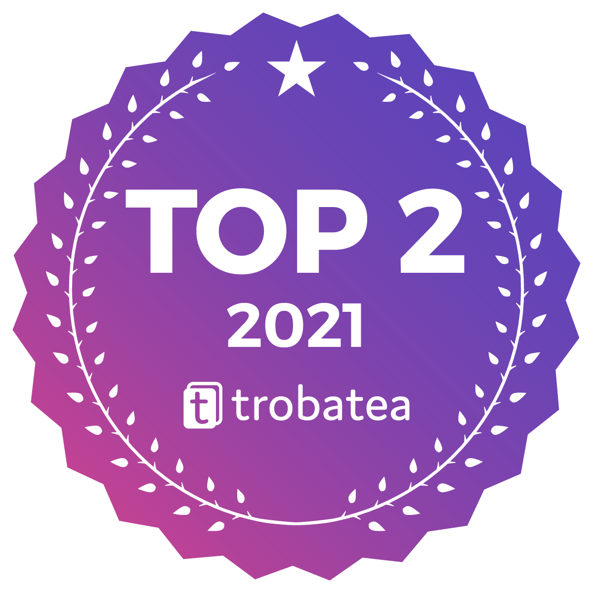 Insignia con forma de medalla de color morado con gris, que dice "TOP 2 2021" y tiene el logotipo de Tro batea en la parte inferior, con un borde decorativo de hojas y una estrella en la parte superior.