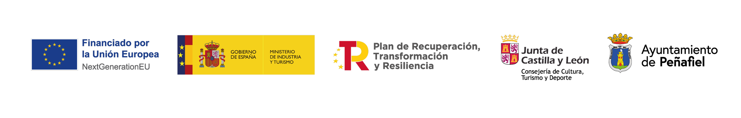 Logos de diferentes instituciones y fondos europeos, incluyendo la Unión Europea, Gobierno de España, Ministerio de Industria y Turismo, Junta de Castilla y León, y un escudo local.