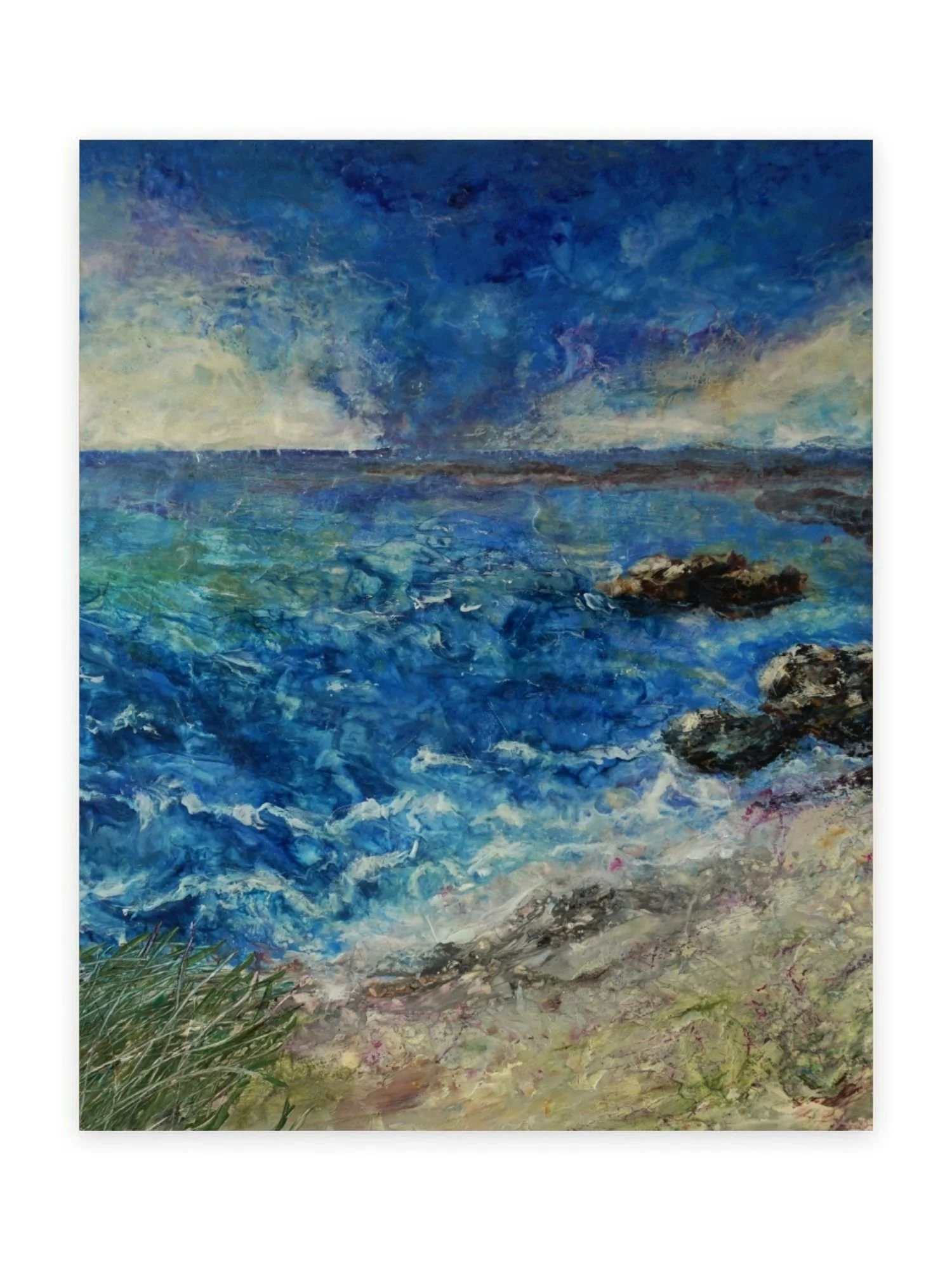 Encaustic painting by Dora Stork depicting a turbulent blue seascape with layered textures, breaking waves, and atmospheric light transitions.