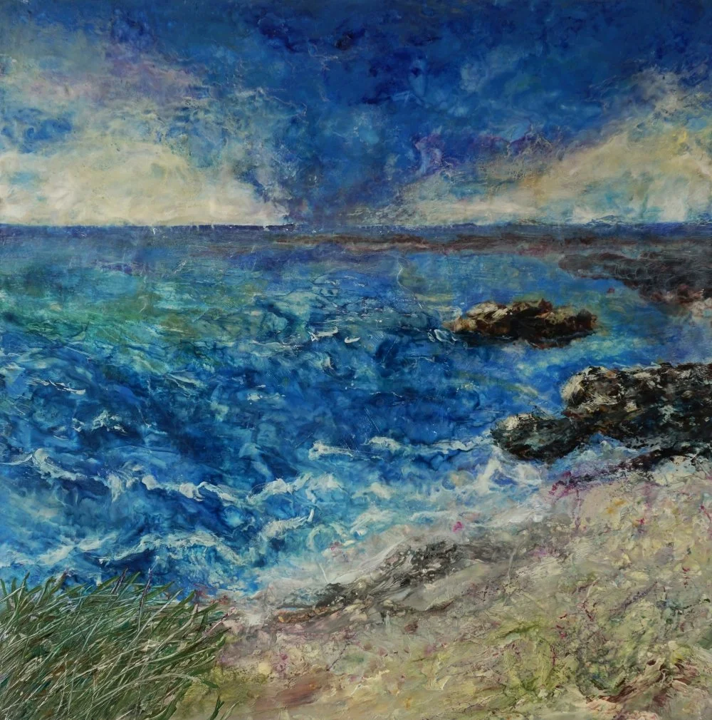 Close-up view of “Tidal Soul,” showing dynamic encaustic textures, deep blue currents, and swirling coastal forms rendered with layered wax.