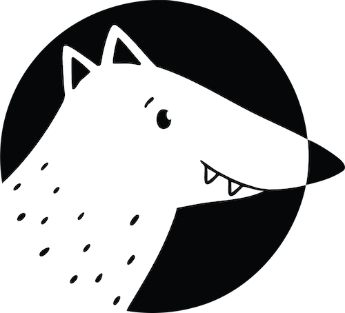A black circle with a simple illustration of a smiling white wolf with big teeth, black eyes, and a black nose that extends beyond the circle.
