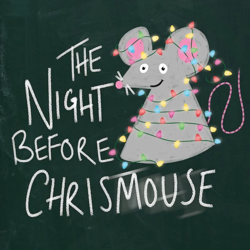 Illustration of a smiling grey mouse wrapped in colorful string lights, with the title ‘The Night Before ChrisMouse’ beside it.